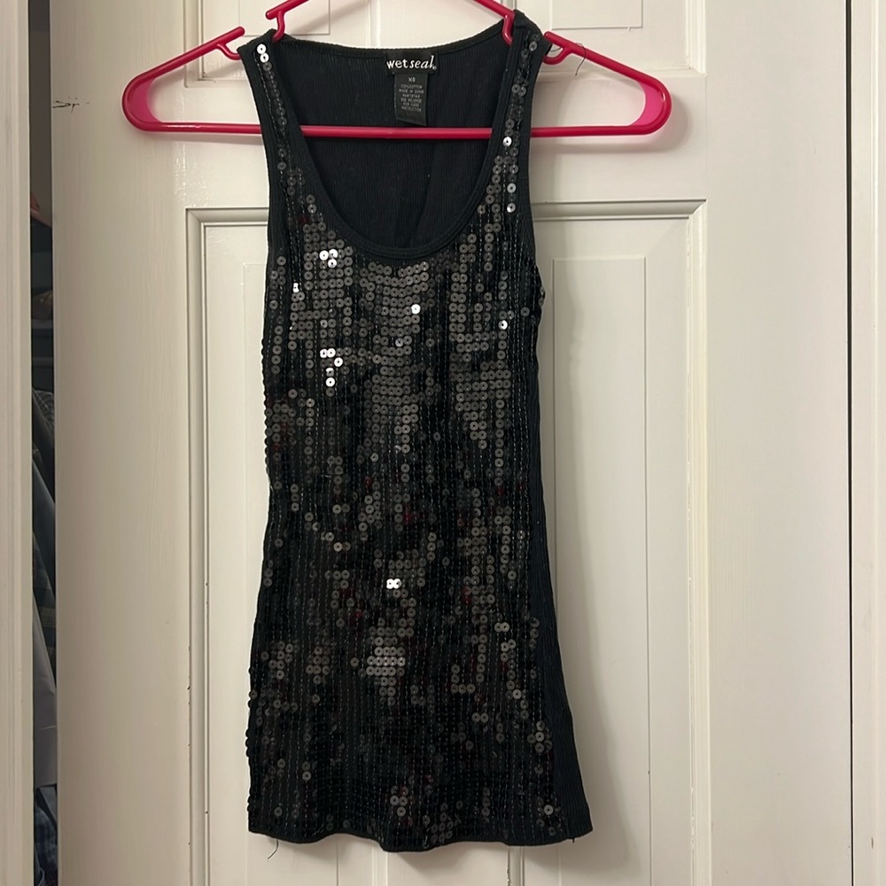 Holiday top: Black, sequin tank top